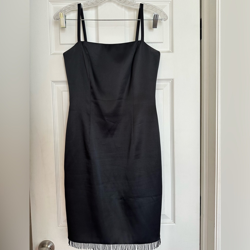 Black Satin Beaded Fringe 90s Laundry by Shelli Segal Cocktail Dress